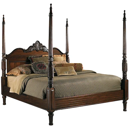 Queen-Size Antilles Bed with Hand-Carved Mahogany Twisted Posts & Fleur-De-Lis Pediment